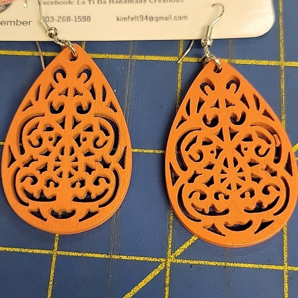 Orange Wood Teardrop 2" Earrings